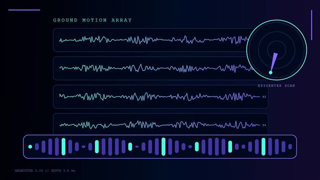 Digital seismic metric telemetry data streams show oscillating sound waves and radar scope monitoring activity during an active earthquake event in a dark neon virtual interface
