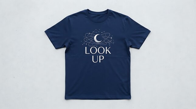 Blue t-shirt with moon and space design and look up text