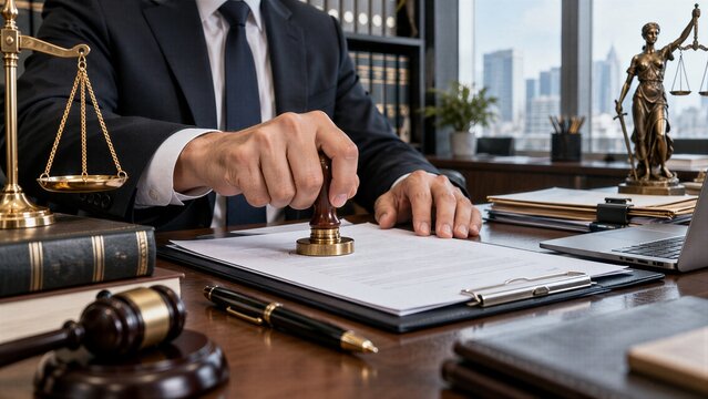 Corporate lawyer using a legal stamp for contract authorization, ensuring document verification, compliance approval, and business agreement validation.