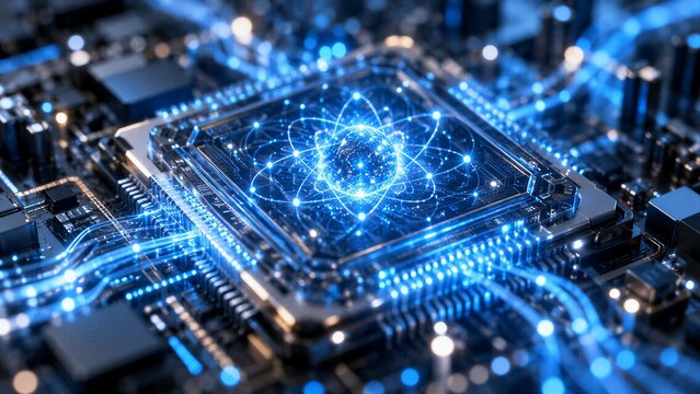 Futuristic Quantum Computer Processor Chip with luminous blue particles and dynamic energy flow. Showcasing advanced digital circuitry, AI capabilities, and nanotechnology design.
