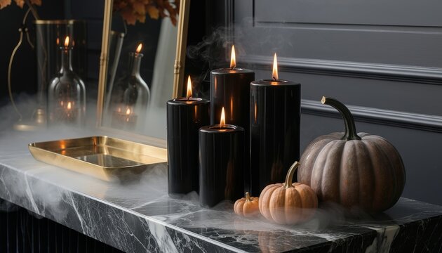 Mysterious candlelit table setting with pumpkins and fog.