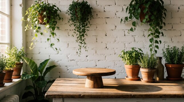 Empty wooden pedestal stands on rustic kitchen table. White brick wall background with hanging green plants, potted herbs. Natural sunlight shines on small round cake stand. Clean interior space for