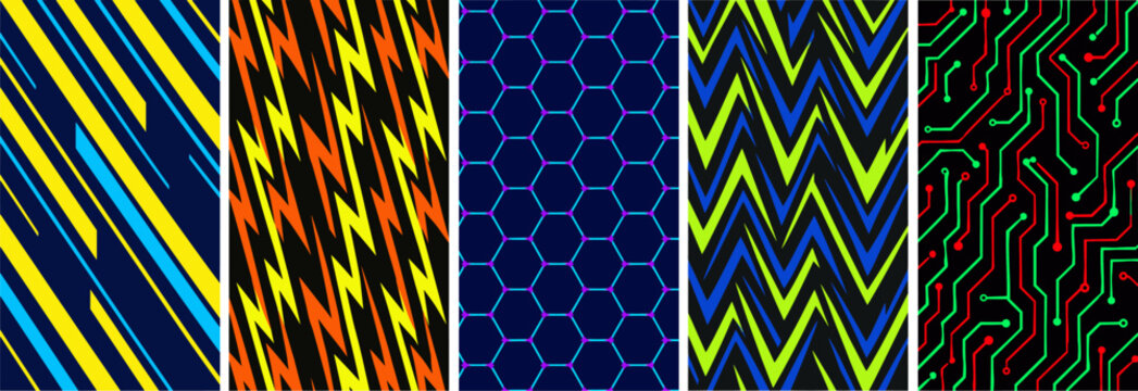 Sport jersey sublimation background vector set. Featuring diagonal stripe, lightning bolt, hexagon grid, zigzag chevron, and circuit board patterns for athletic wear and sublimation print.
