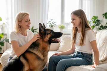 Obraz na płótnie Canvas Blonde woman, teenage girl sit on white sofa with German shepherd dog. Mother pets animal while daughter watches closely. Happy family relaxing at home with pet. Children, animals bonding concept.