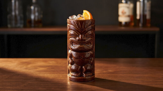 Tiki mug cocktail served with crushed ice and orange slice on wooden bar table. Detailed tiki mug cocktail recipe includes ceramic sculpture, tropical mixology. Concept tiki mug cocktail for bar menu.