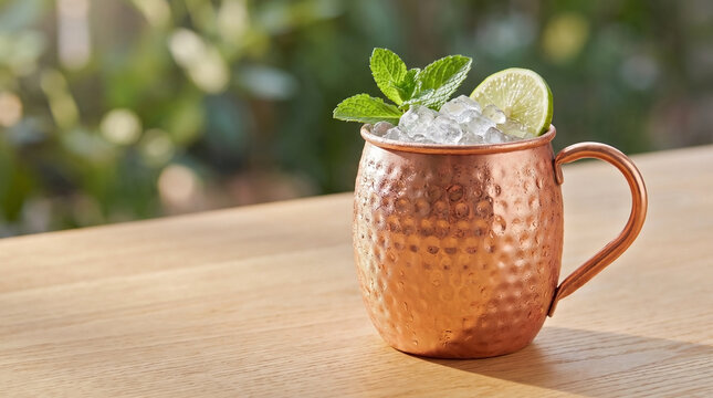 Chilled copper mug cocktail with crushed ice, green mint, and lime slice on wooden table. Cold copper mug cocktail served outdoors on sunny day. Ideal copper mug cocktail for summer bar menu.