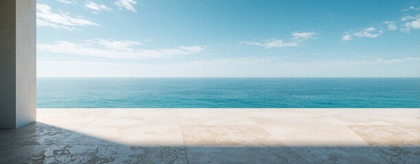 Obraz premium Luxury terrace with empty stone floor overlooks calm blue ocean. Modern balcony provides panoramic sea view under bright sunny sky. Minimalist architecture offers peaceful space for relaxation on