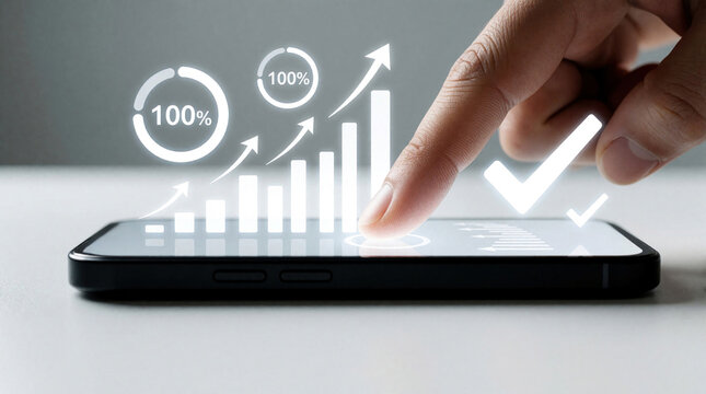 Hand tapping smartphone screen showing rising bar charts, 100 percent success indicators. Digital interface displays growth graphs, checkmarks, statistics. Mobile device visualizes business progress,
