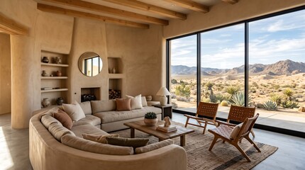 Obraz premium Modern desert living room interior featuring a large curved sofa, wooden ceiling beams, and floor-to-ceiling windows overlooking a dry arid landscape with sand dunes and mountains.