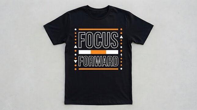 Black t-shirt with focus forward text and colorful design