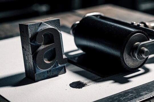 Vintage letterpress printing block with lowercase letter, black ink roller on white paper. Classic typography tools for craft design in artist studio. Metal type, brayer used for traditional