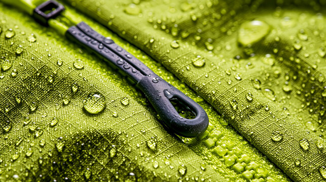 A close up view of a bright green waterproof jacket fabric covered in round water drops with a closed plastic zipper highlighting outdoor rain gear technology