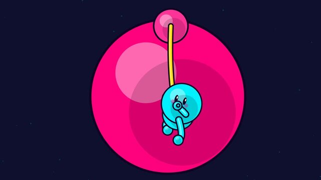 2D rubberhose cartoon animation of a glossy blue fetus character inside a pink womb bubble attached to an umbilical cord on a dark space background