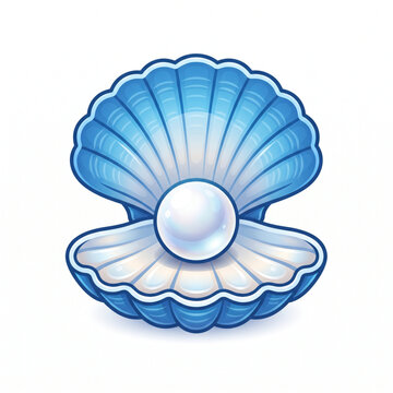 Lustrous white pearl inside open blue clam shell isolated on white background, ocean treasure marine vector illustration. 