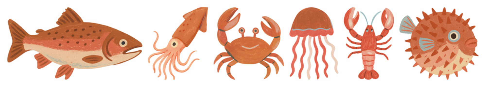 PNG Colorful aquatic animal illustrations on transparent background