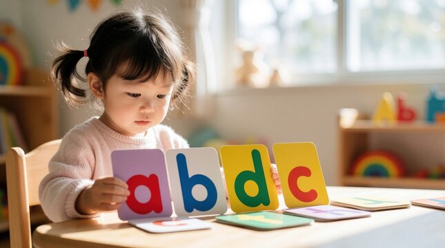 Small girl learns letters A B C with colorful flashcards on table. Child sits at wooden desk in bright room, focused on early education play.