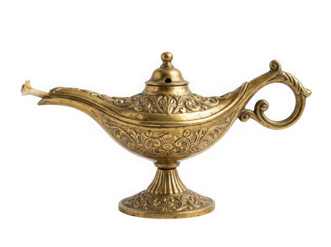 Ornate golden magic genie lamp with oil lamp fairy tale gold lamp middle eastern white backgroun