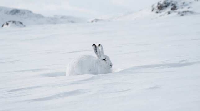Mountain hare resting in deep snow on white tundra with rocky hills in background. Wildlife camouflaged in white winter coat. Arctic nature and cold season survival concept.