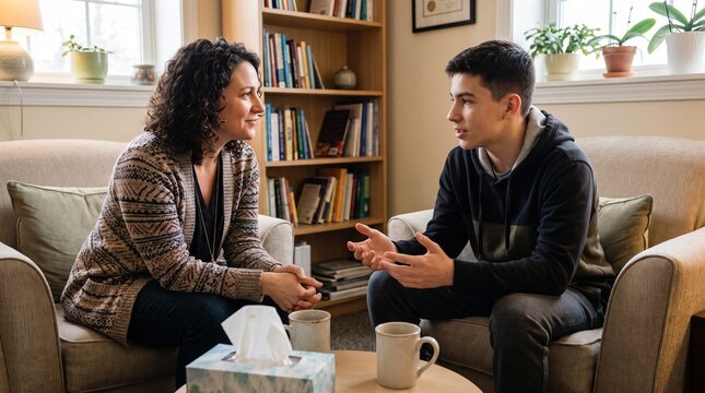 Female therapist listening to teenage boy in counseling session