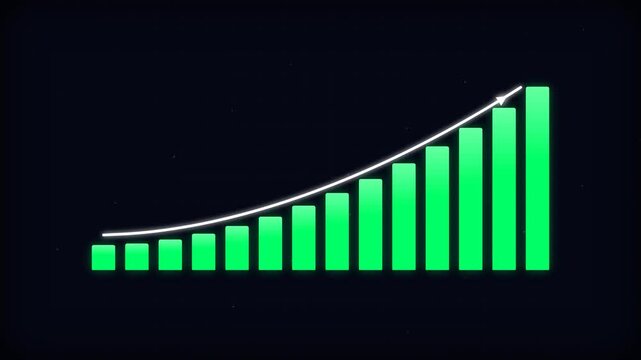 Rising green bar chart with an upward curving white arrow on a dark background, concept for exponential financial growth, business presentations, and investment marketing materials