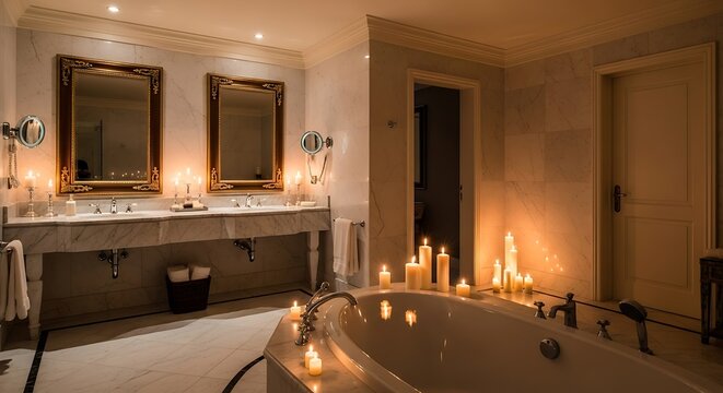 Relaxing bathroom interior with candles lit around a soaking tub bathroom lighting interior wellness serenity