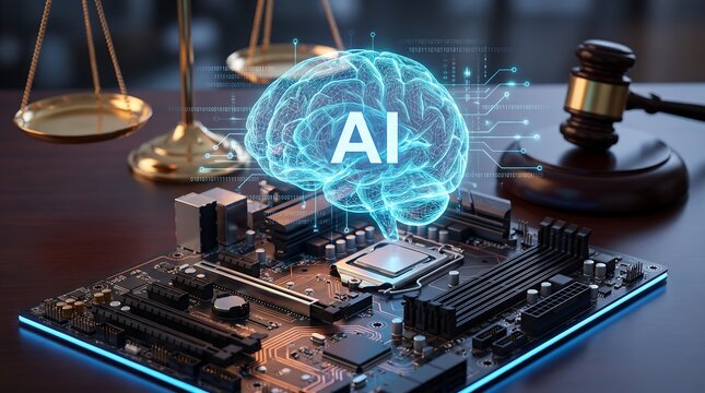 Glowing artificial intelligence brain hologram hovering above modern computer motherboard circuits