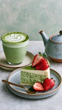 Handcrafted matcha latte with Japanese cheesecake and fresh strawberries with copy space