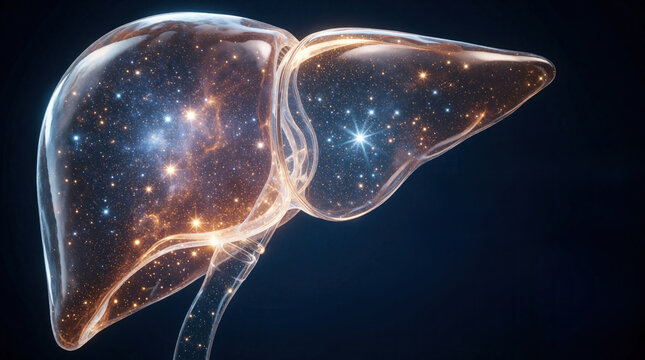 Transparent liver model filled with glowing stars, cosmic nebula against dark background. Medical concept for World Hepatitis Day, organ health awareness. Universe inside human body liver function,