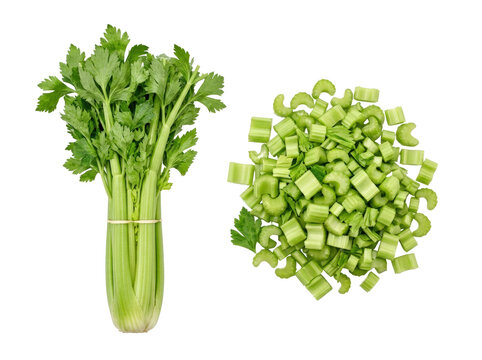 Fresh Celery Stalks and Chopped Celery Pieces on White Background.