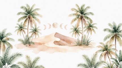 Naklejka premium Watercolor illustration features tropical palm trees and rich foliage against sandy dunes backdrop. Desert jungle scene suggests exotic paradise setting.