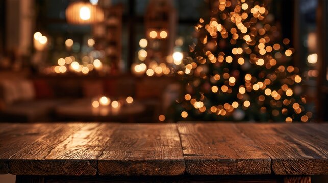 Wooden table surface in front with a blurred background of a living room decorated for Christmas with bright lights and a holiday feel