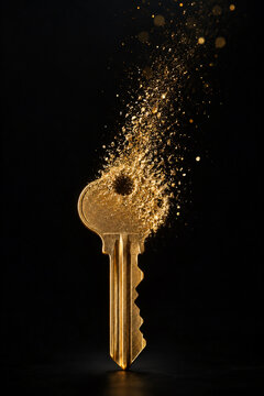 Metal key dissolving into rising light particles encryption concept vertical