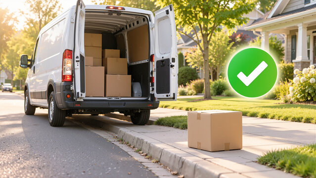 Cardboard Package Successfully Delivered to Residential Front Walkway with Open Delivery Van and Green Checkmark Symbol
