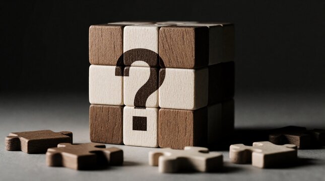 Stack of wooden puzzle blocks with large question mark symbol. Scattered jigsaw pieces lie around unfinished cube. Concept of problem solving, difficult decision, mystery, missing information.