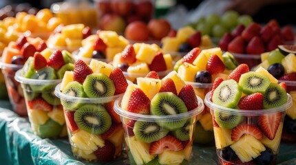 Fototapeta premium Fresh fruit salad in plastic cups at outdoor market. Chopped strawberries, kiwi, melon, pineapple pieces arranged in take away containers. Healthy snack options for customers. Colorful tropical fruit