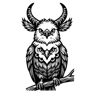 Horned Owl Chimera Creature Illustration, Black and White Linocut Style Double Faced Bird Beast Vector Artwork