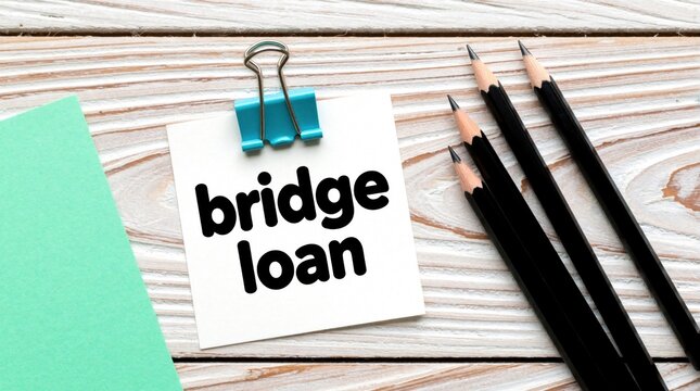 White paper note with bridge loan text held by blue binder clip on wooden desk. Black pencils, green sheet lie nearby. Business finance concept for credit, mortgage, temporary funding. Top view of