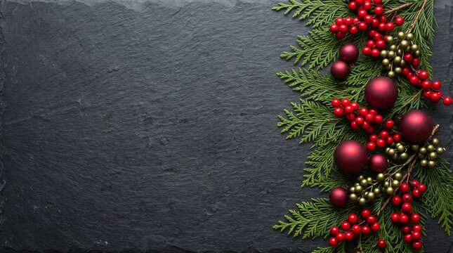 Christmas tree banches and red berries background