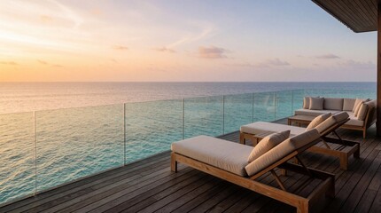 Obraz premium Wooden deck balcony overlooks calm ocean water at sunset time. Modern lounge chairs and sofa offer comfortable place for relaxing vacation moments.