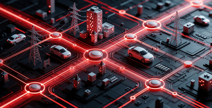 Digital smart city concept with connected electric cars, high voltage power lines. Automated urban infrastructure uses glowing red circuits for smart grid management. High tech network controls