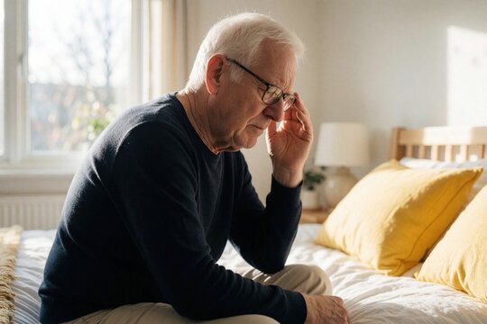 Senior elderly man sits on bed in bedroom feeling pain. Mature male with glasses touches face due to ear ache headache. Stressed person suffers from illness at home. Sick pensioner experiences health