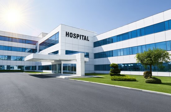 Modern hospital building exterior with a paved entrance on transparent background
