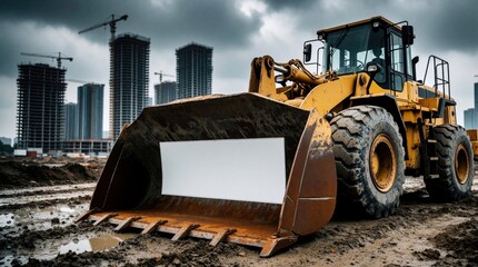 Fototapeta premium Yellow heavy duty wheel loader with blank white sign on rusty shovel bucket. Large construction machinery parked at muddy building site. Tall skyscrapers, cranes under cloudy sky in background.