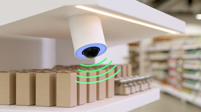 Cylindrical security camera mounted under a retail store shelf on transparent background