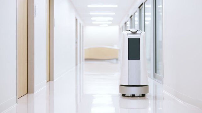 Autonomous service robot standing in a modern building corridor on transparent background