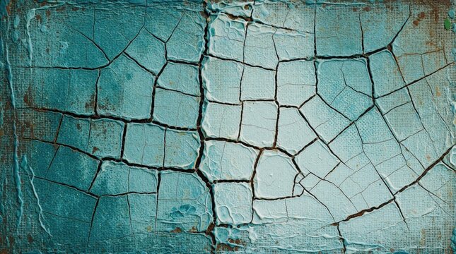 Teal, light blue abstract painting with dark craquelure lines on canvas. Aged textured background featuring weathered paint cracks, beige brown tones. Modern expressionist artwork suitable for