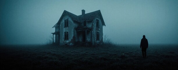 Fototapeta premium A lone figure stands in a grassy field facing an old derelict house. Thick fog surrounds the structure creating an atmospheric and mysterious scene.