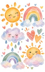 Obraz premium Whimsical watercolor illustration of a smiling cloud with a rainbow, raindrops and warm sunlight.