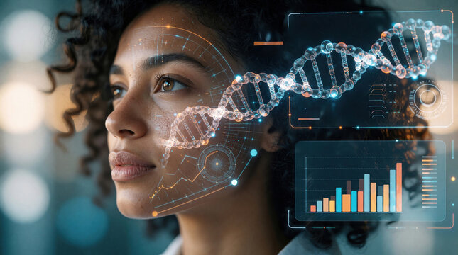 Young woman profile shows blue glowing dna helix and digital data overlays on her skin. Graphics display charts graphs and biometric analysis suggesting advanced med tech research.