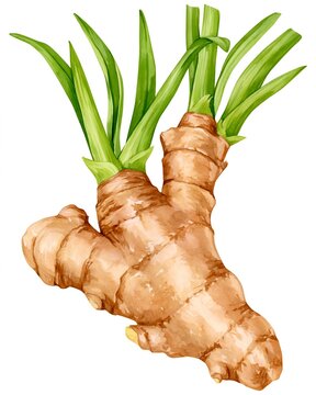 Fresh ginger root with vibrant green shoots.